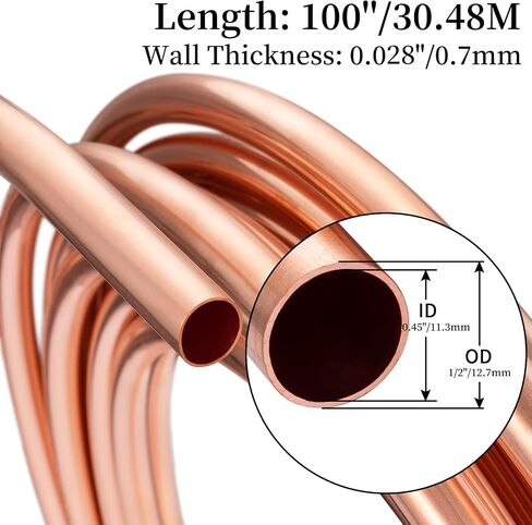 BELLA BAYS أنابيب نحاسية 1/4 بوصة OD × 0.194 بوصة معرف × 25 قدم، 99.9% C12200 ASTM B280 أنابيب تبريد ACR ملف ناعم غير ملحوم دائري T2 أنبوب نحاسي نقي لنظام التدفئة والتهوية وتكييف الهواء، والثلاجات، والصناعة، DIY in Kuwait