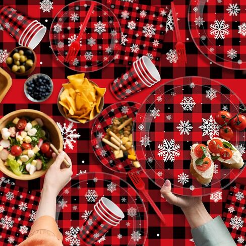 مجموعة أواني طعام عطلة عيد الميلاد يمكن التخلص منها، زينة عيد الميلاد منقوشة الجاموس مع أطباق ورقية من ندفة الثلج والمناديل تخدم 24 ضيفًا، مفرش طاولة منقوش لعيد الميلاد لتزيين طاولة حفلات عيد الميلاد in Kuwait