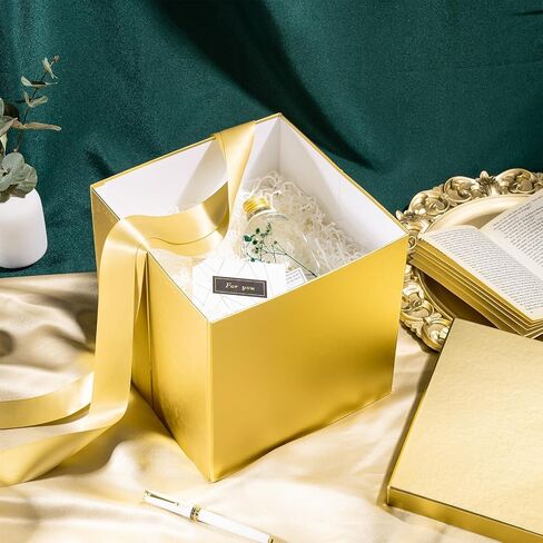 RUSPEPA Medium Matte Birthday Gift Box with Lids, Ribbon and Tissue Paper, Collapsible Gift Box - 1 Pcs, 9x9x9 Inches, Gold in Saudi Arabia