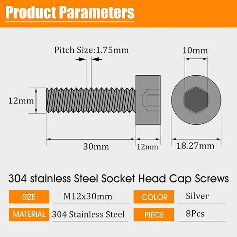 M6-1.0 * 35mm Socket Head Cap Screw,Metric Socket Bolt,Full Thread,Allen Hex Drive, Bright Finish, Machine Thread, Coarse Thread UNC, 304 Stainless Steel,30 Pcs in Kuwait