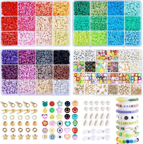 Greentime 10000 Pcs Clay Beads for Bracelet Making, 48 Colors Flat Round PolymerBeads Spacer Heishi Beads with Letter Beads and Various Pendant Charms Kits for DIY Crafts in Saudi Arabia