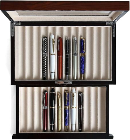 Wood Pen Display case 24 Slot Fountain Pen Box Storage Organizer with Drawer, Top Glass Window Pen Collection Display Case in Saudi Arabia