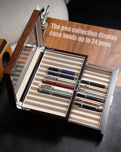 Wood Pen Display case 24 Slot Fountain Pen Box Storage Organizer with Drawer, Top Glass Window Pen Collection Display Case in Saudi Arabia