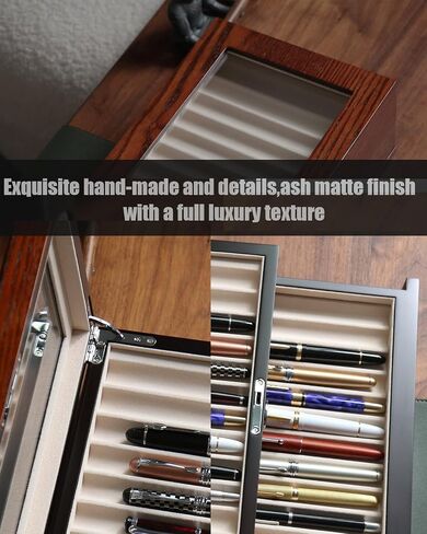 Wood Pen Display case 24 Slot Fountain Pen Box Storage Organizer with Drawer, Top Glass Window Pen Collection Display Case in Saudi Arabia