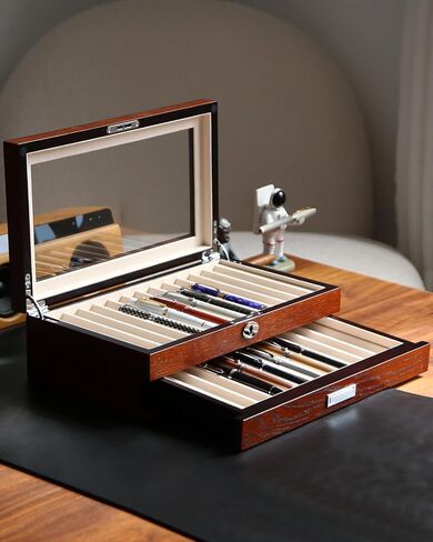 Wood Pen Display case 24 Slot Fountain Pen Box Storage Organizer with Drawer, Top Glass Window Pen Collection Display Case in Saudi Arabia