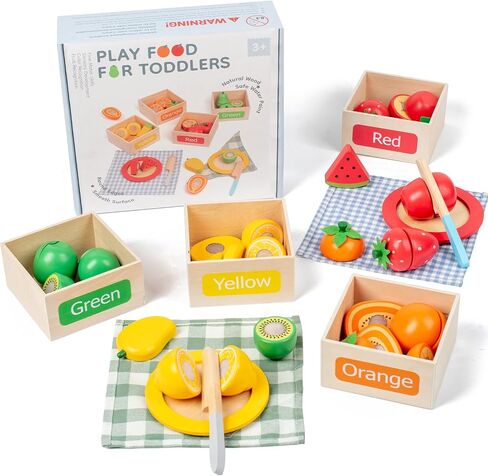 JOCY Wooden Play Food Set for Kids Kitchen – 24 Pcs Montessori Cutting & Sorting Fruits with 4 Boxes, Pretend Play Toys for Toddlers 3+, Educational Gift for Kids in Saudi Arabia