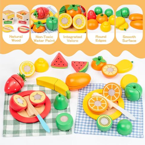 JOCY Wooden Play Food Set for Kids Kitchen – 24 Pcs Montessori Cutting & Sorting Fruits with 4 Boxes, Pretend Play Toys for Toddlers 3+, Educational Gift for Kids in Saudi Arabia