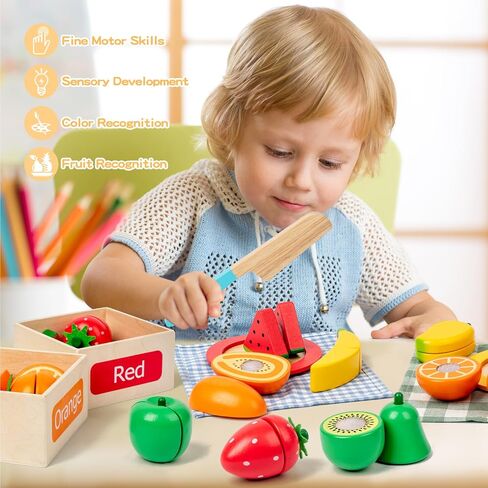 JOCY Wooden Play Food Set for Kids Kitchen – 24 Pcs Montessori Cutting & Sorting Fruits with 4 Boxes, Pretend Play Toys for Toddlers 3+, Educational Gift for Kids in Saudi Arabia