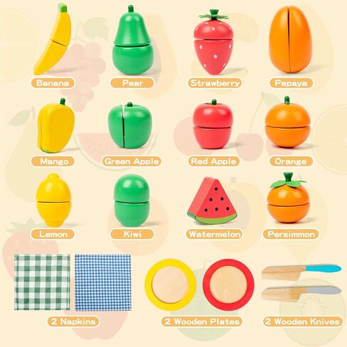 JOCY Wooden Play Food Set for Kids Kitchen – 24 Pcs Montessori Cutting & Sorting Fruits with 4 Boxes, Pretend Play Toys for Toddlers 3+, Educational Gift for Kids in Saudi Arabia