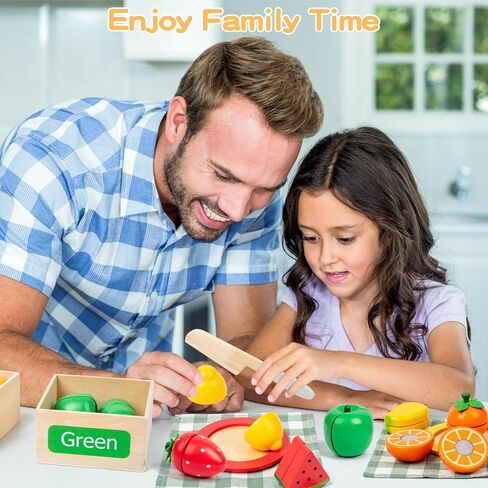 JOCY Wooden Play Food Set for Kids Kitchen – 24 Pcs Montessori Cutting & Sorting Fruits with 4 Boxes, Pretend Play Toys for Toddlers 3+, Educational Gift for Kids in Saudi Arabia