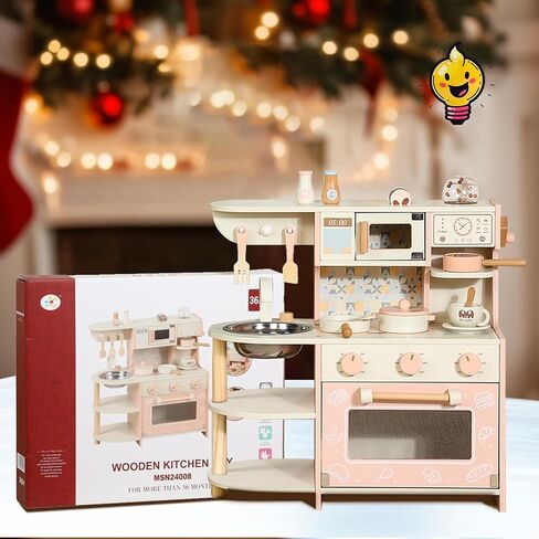 Wooden Small Play Kitchen Set for Toddlers and Kids, Montessori Pretend Kitchen Playset with Oven, Microwave and Coffee Grinder, Educational Mini Toy Kitchen for 1-3 Ages Girls and Boys in Saudi Arabia