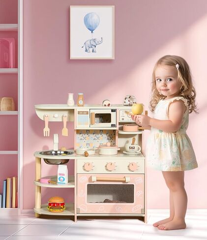 Wooden Small Play Kitchen Set for Toddlers and Kids, Montessori Pretend Kitchen Playset with Oven, Microwave and Coffee Grinder, Educational Mini Toy Kitchen for 1-3 Ages Girls and Boys in Saudi Arabia