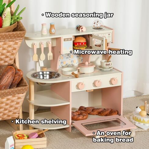 Wooden Small Play Kitchen Set for Toddlers and Kids, Montessori Pretend Kitchen Playset with Oven, Microwave and Coffee Grinder, Educational Mini Toy Kitchen for 1-3 Ages Girls and Boys in Saudi Arabia
