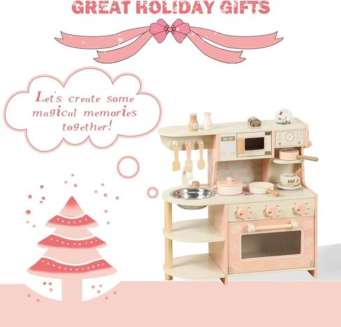 Wooden Small Play Kitchen Set for Toddlers and Kids, Montessori Pretend Kitchen Playset with Oven, Microwave and Coffee Grinder, Educational Mini Toy Kitchen for 1-3 Ages Girls and Boys in Saudi Arabia