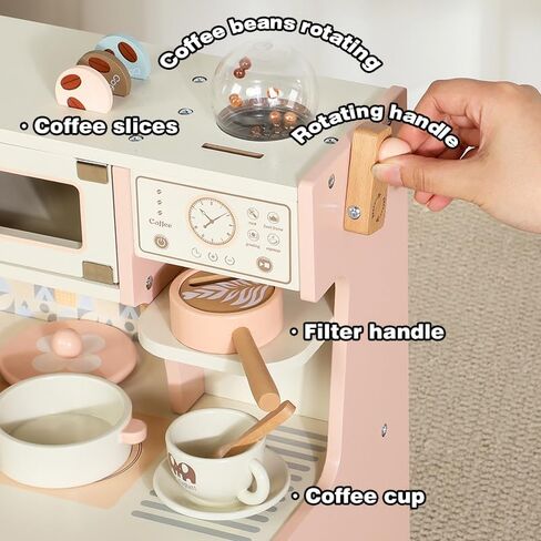 Wooden Small Play Kitchen Set for Toddlers and Kids, Montessori Pretend Kitchen Playset with Oven, Microwave and Coffee Grinder, Educational Mini Toy Kitchen for 1-3 Ages Girls and Boys in Saudi Arabia