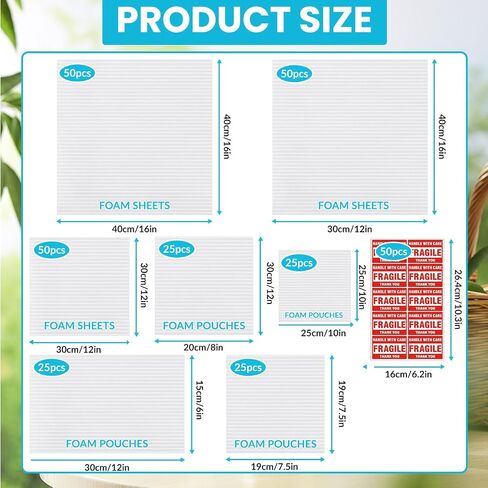 AOBOPLE 250 Pack Moving Packaging Supplies,5 Sizes Cushion Foam Pouch (16x16",16x12",12x12",12x7.5",7.5x7.5") with 12x12" Foam Wrap Sheets,Packing Supplies to Protect Dishes,Photo Frame,Glasses,china in Kuwait