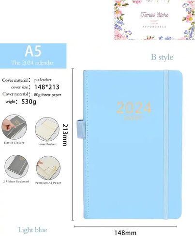 A5 Diary 2024 Day Per Page from Jan 2024 to Dec 2024, A5 Daily Planner with Monthly Tabs, Pen Loop and Inner Pocket, Diaries Office Work Planner Desk Organiser Diaries for Students Office (Blue) in Saudi Arabia