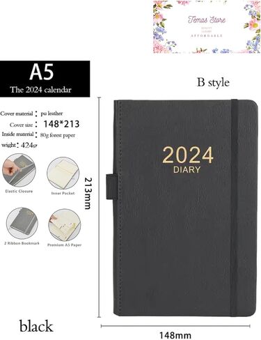 A5 Diary 2024 Day Per Page from Jan 2024 to Dec 2024, A5 Daily Planner with Monthly Tabs, Pen Loop and Inner Pocket, Diaries Office Work Planner Desk Organiser Diaries for Students Office (Blue) in Saudi Arabia