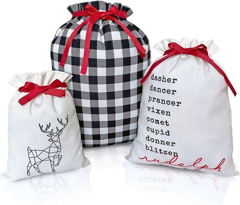 Gather & Knot Drawstring Christmas Gift Bags | 20" Large 16" Medium |Reusable Reindeer Fabric Gift Wrap for Holidays | Mix & Match Set in Saudi Arabia