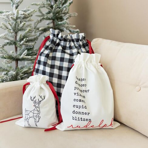 Gather & Knot Drawstring Christmas Gift Bags | 20" Large 16" Medium |Reusable Reindeer Fabric Gift Wrap for Holidays | Mix & Match Set in Saudi Arabia