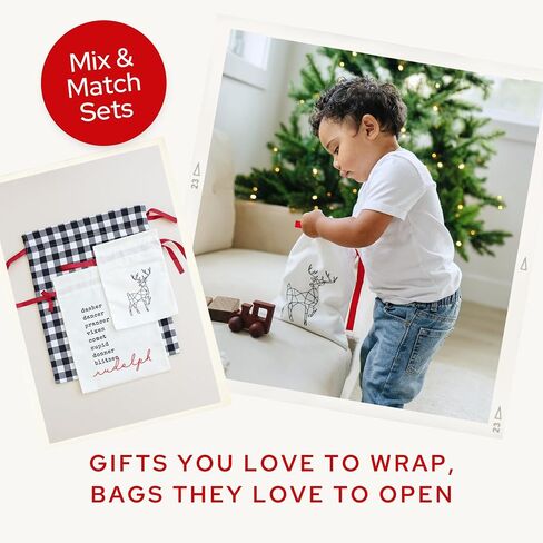 Gather & Knot Drawstring Christmas Gift Bags | 20" Large 16" Medium |Reusable Reindeer Fabric Gift Wrap for Holidays | Mix & Match Set in Saudi Arabia