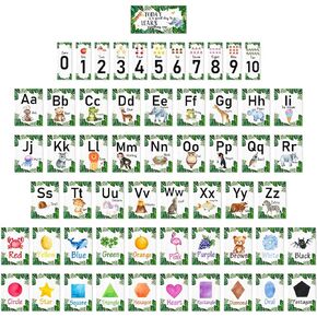 Faccito 58 Pcs Eucalyptus Alphabet Number Bulletin Board Set Abc Letters Colors Shapes Educational Cards Early Learning Manuscript Alphabet Poster for Wall Classroom Preschool Kindergarten Decor