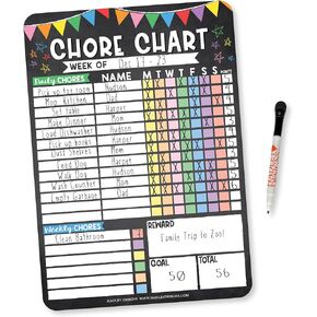 Magnetic Chore Chart for Kids - 12"x17" Reusable Dry Erase Responsibility Chart for Multiple Kids - Weekly Family Organizer with Reward System and Bonus Chore Guide