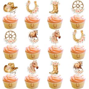 kreatwow 24pcs الحصان عيد ميلاد كب كيك القبعات العالية للفتيات الحصان عيد ميلاد الزينة الغربية راعية البقر حزب الديكور الأزهار الحصان عيد ميلاد راعية البقر إمدادات حفلة عيد ميلاد لموضوع الحصان عيد ميلاد الطفل دش