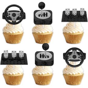 18pcs Black Glitter Car Steering Wheel Dessert Cupcake Topper Pick for Race Car Vehicle Repair Theme Decor Supplies Men woman Happy Birthday Party Decorations