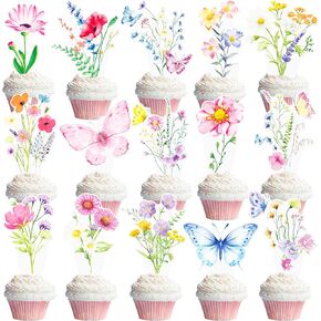 Wildflower Cupcake Toppers 48Pcs Wildflower Theme Birthday Party Decorations Wildflower Butterfly Party Cupcake Picks Wildflowers Cake Decoration for Girls Wildflower Baby Shower Party Supplies