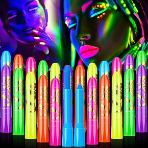 Handepo 24 Pcs Glow in the Black Light Face Paint Crayons Neon Face Body Paint UV Light Paint Kit Fluorescent Halloween Masquerade Makeup for Adult Mardi Gras Parties(Assorted Color, Classic Style) in Kuwait