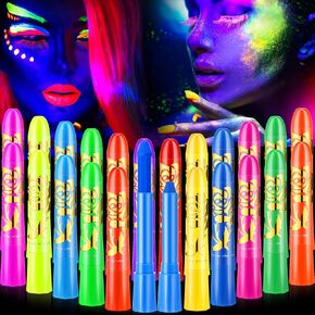 Handepo 24 Pcs Glow in the Black Light Face Paint Crayons Neon Face Body Paint UV Light Paint Kit Fluorescent Halloween Masquerade Makeup for Adult Mardi Gras Parties(Assorted Color, Classic Style)