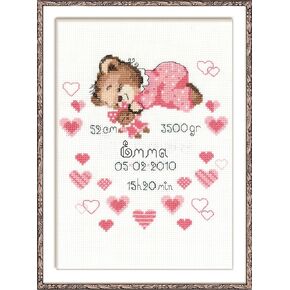 RIOLIS - Girls Birth Announcement 1123, Cross Stitch Kits 7"X9.5", Cross Stitch Kits for Beginners & Advanced, Crossstitching Kits Adult, Counted Stitching Kits, Embroidery Kit