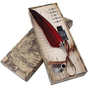Quill Pen Set Vintage Ink Set Antique Calligraphy Writing Antique Executive Gift Quill Pen for School+5 Replacement Nibs+Ink Bottle+ Pen Nib Base(Red)
