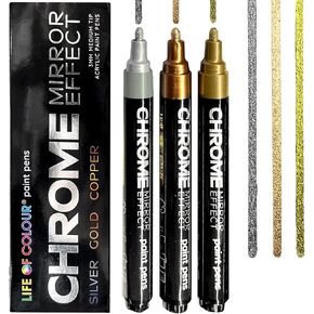 Paint Pens - Set of 3 Chrome Paint Pens-Silver, Copper, and Gold Markers - Mirror Finish Paint Pens for Rocks, Mandala Art, Black Paper, Wood, Glass - Reflective Paint for a Luxe Look