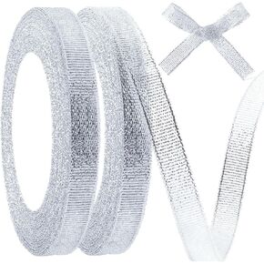 3/8in 50 Yard Silver Ribbon for Gift Wrapping, Glossy Sheer Satin Ribbon, Glitter Thin Fabric Ribbon for Christmas Halloween Wedding Birthday Party Valentines Day Bouquet Decoration