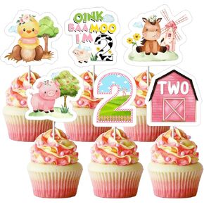 JOYMEMO 24 Pieces Farm Animals 2nd Birthday Cupcake Toppers Pink - Farm 2nd Birthday Party Decorations Girl, Double Sided Oink Baa Moo I'M 2 Table Decor for Farmhouse Barnyard Second Birthday Party