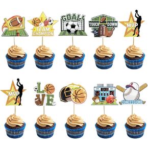 30 PCS Sports Cupcake Toppers Baseball Soccer Rugby Basketball Cupcake Picks Sports Birthday Party Cake Decorations Supplies for Men Boys Birthday Decorations