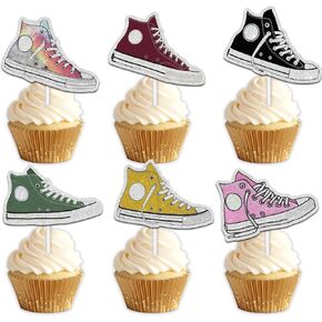 18pcs Colorful Glitter Dessert Cupcake Topper Pick for 80s 90s Sports Shoes Plimsolls Theme Decor Supplies Boys Girls Happy Birthday Party Decorations