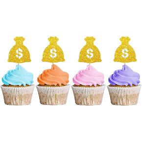 24PCS Money Bag Cupcake Toppers, Dollar Sign Cupcake Toppers, Money Bill Cupcake Picks for Casino Night Party, Casino Wedding/Baby Shower Themed Party Decoration - Gold Glitter
