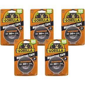 Gorilla Heavy Duty Double Sided Mounting Tape, 1" x 60", Black, (Pack of 5)