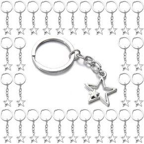 PHAETON 50PCS Silver Star Design Keychain Plated Hollow Double Star Style Keyring Small Size Star Pendant Keychain for Women Men DIY Handmade Jewelry