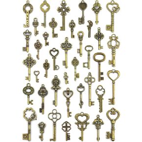 40 Pcs Vintage Skeleton Key Set Charms, Mixed Antique Style Bronze Key Set Charms for Pendant Necklace DIY Jewelry Making Wedding Party Favors
