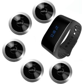 SINGCALL Wireless Calling System, Nurse Call System, 360 Degree Waterproof Pager Watch Receiver, No Screw Pager, Pack of 5 Pagers and 1 Receiver