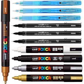 posca Drawing and Sketching Kit - Metallic Color Marker Set of 5 with 5M Medium Tips + 3 Count Uni Pin 0.5mm Fineliners + 3 Count Uni Chroma Mechanical Pencils