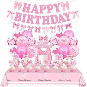 Pink Bow Birthday Party Decorations, Girls Birthday Decorations, Include Tablecover, Glitter Bow Happy Birthday Banner Garland, Latex Balloon, Confetti Balloon, Cake Toppers for Bridal Party Supplies