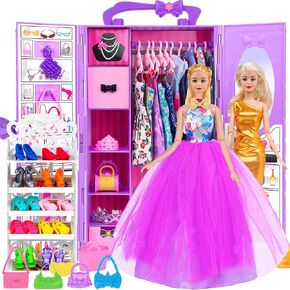 Doll and Doll Accessories 106 Pcs Doll Clothes and Accessories Purple Doll Closet Wardrobe Dream Closet Playest For 11.5 Inch Girl Doll Including Shoes Rack,Dress,Shoes Hangers Accessories(One Doll)