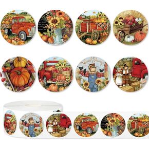 1000Pcs Fall Paper Stickers Pumpkin Truck Floral Decals Retro Autumn Farmhouse Self-Adhesive Decorative Stickers for Gift Greeting Card Thanksgiving Party Supplies, 1.5 in