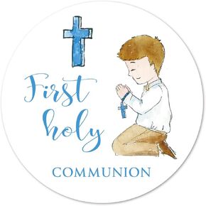 Blue First Holy Communion Stickers, 2 Inch Boy Religious Favor Stickers Labels 40-Pack