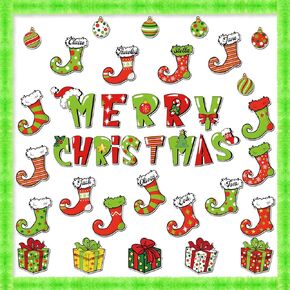 Frienda 68 Pcs Green Christmas Stocking Bulletin Board Decorations Set Merry Christmas Cutouts Elf Red Green Funny Cartoon Stocking Paper Cut-Outs with Green Garland Border for Home Classroom School
